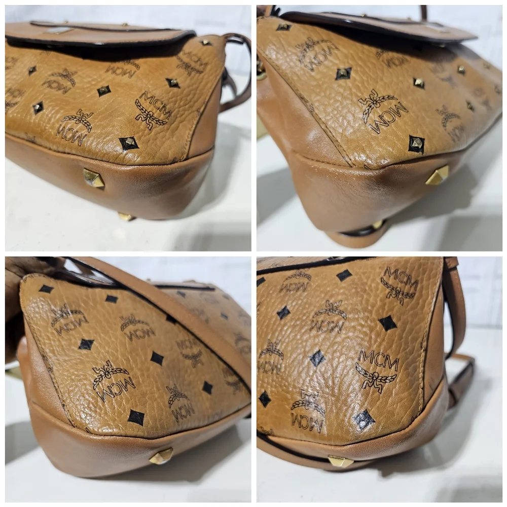 MCM Visetos Studded Crossbody Flap Messenger Cognac